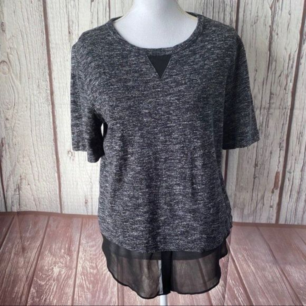Lou & Grey Shirt Top Womens Medium Black Knit Contrast Hem Boxy Thick Ruffle